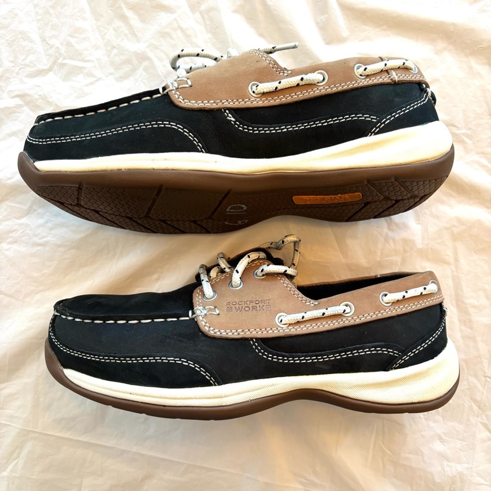 NWOT Rockport Works sailing club navy tan slip resistant SZ 7.5 Safety shoes - Picture 3 of 13